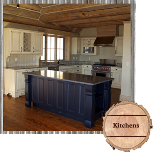 Blue and White Kitchen Cabinets, Log Home Big Sky MT